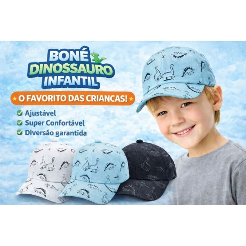 Boné Dinossauro Infantil Ajustável Confortável Menino Menina