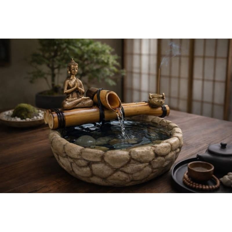 Mini Fonte de Agua queda Bambu com Buda Meditando e Incensário