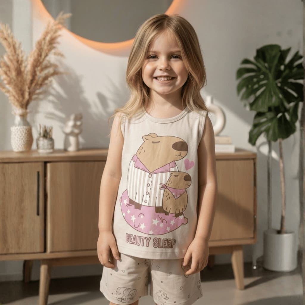 Conjunto Infantil Regata Capivara com Silk + Short Estampado em Malha PV | Pijama Infantil Verão Confortável