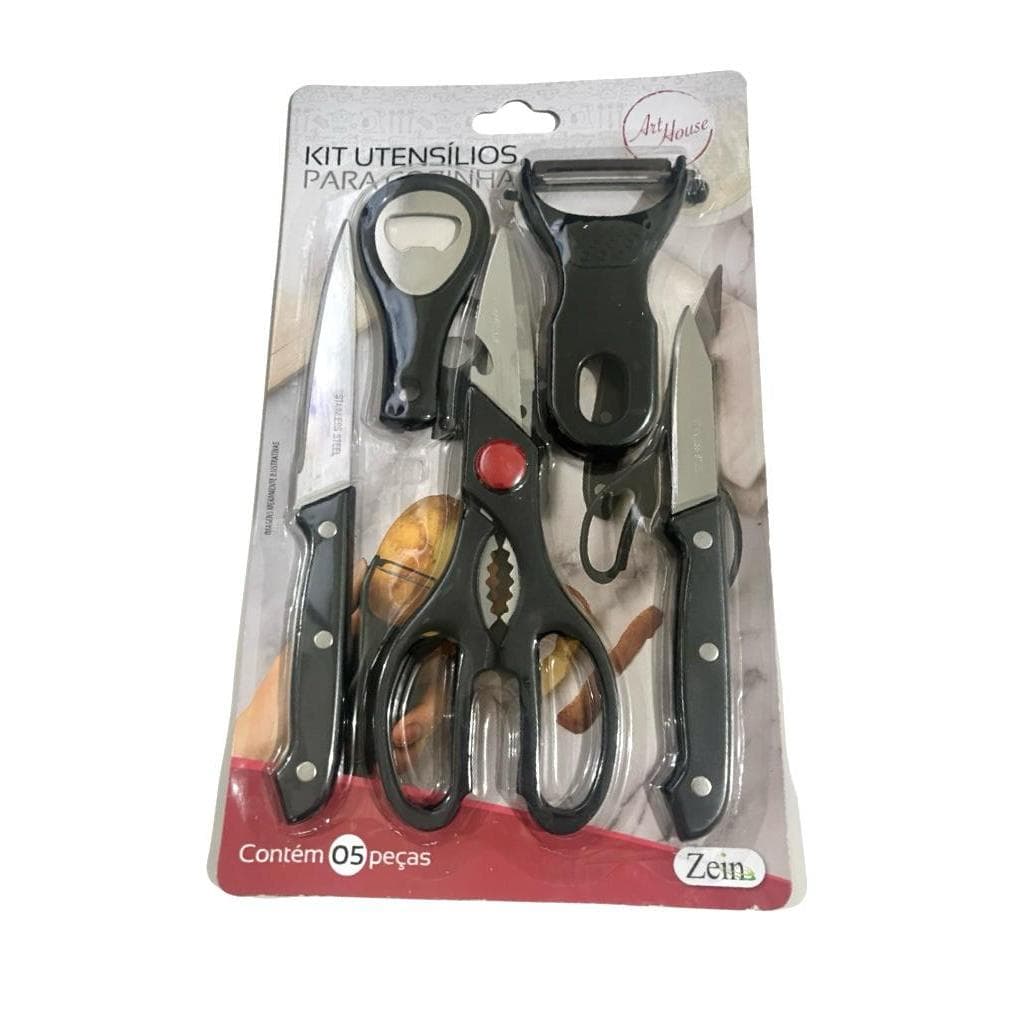 Kit Utensílios de Cozinha 5 Peças Aço Inox com Facas Tesoura Descascador e Abridor Profissional
