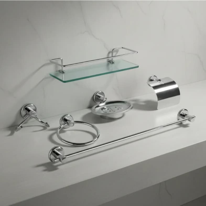 Kit Acessório Para Banheiro Aço Inox 5 Peças Com Porta Shampoo Reto