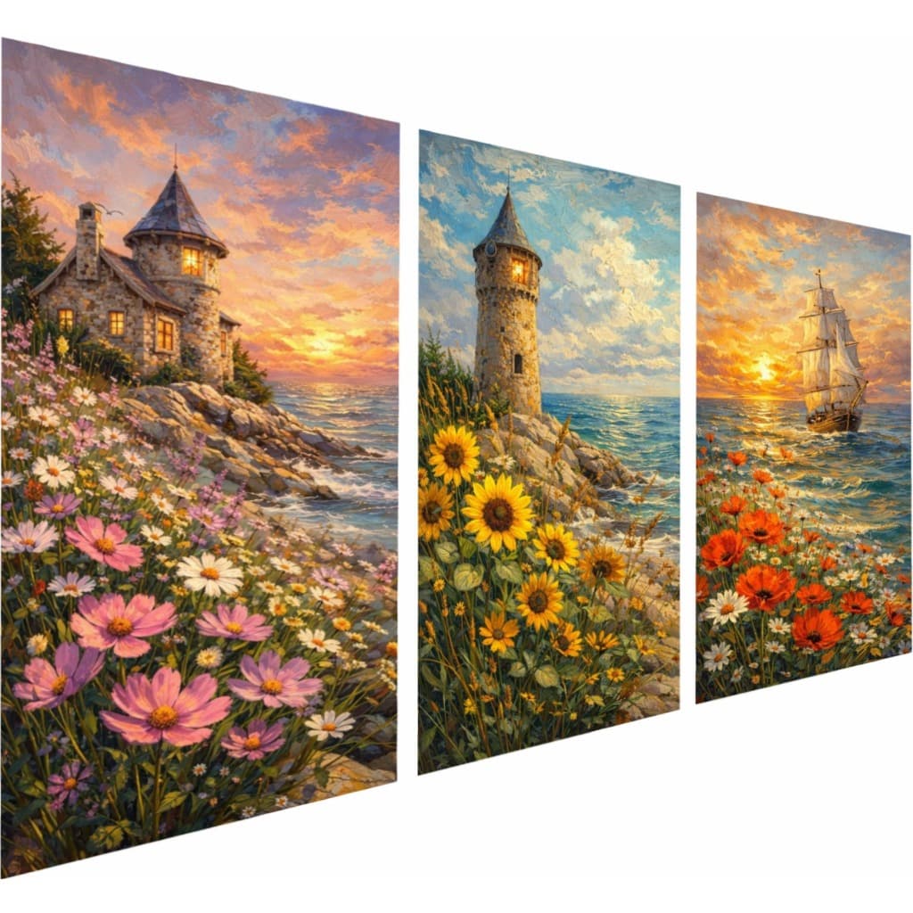 Kit triplo Quadros Decorativos MDF Paisagem Mar Farol Casa de Campo Moldura Interna Sala Quarto