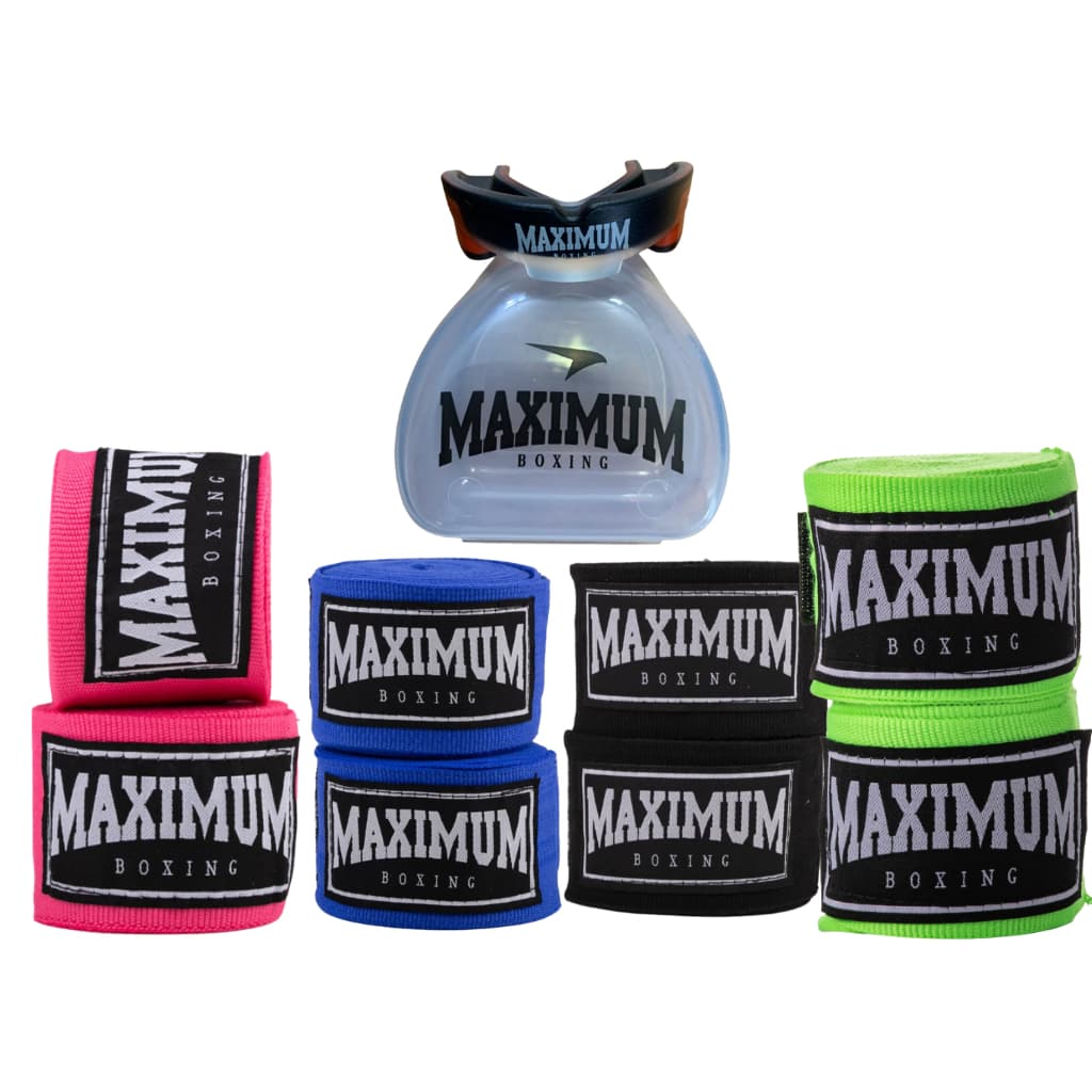 KIT MAXIMUM PROTETOR BUCAL + BANDAGEM ROSA - AZUL - PRETA - VERDE - MUAY THAI