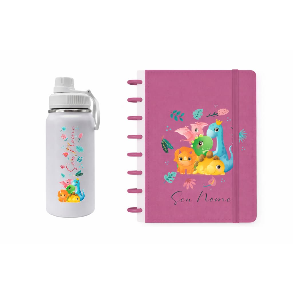 Kit Caderno de Discos Personalizado A5 e Garrafa Fresh Térmica 350ml  - Mundo Dino k1-003