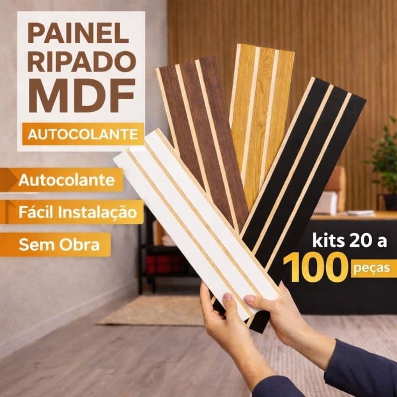 Kit Painel Ripado MDF Autocolante 45x11cm Até 100 Placas Premium Decoração Sem Obra Fácil Instalação