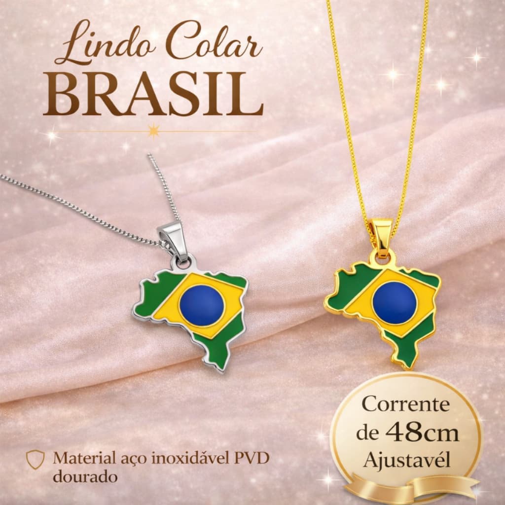 Colar Brasil Aço Inox Premium Bandeira do Brazil Dourado ou Prateado Prata Gold