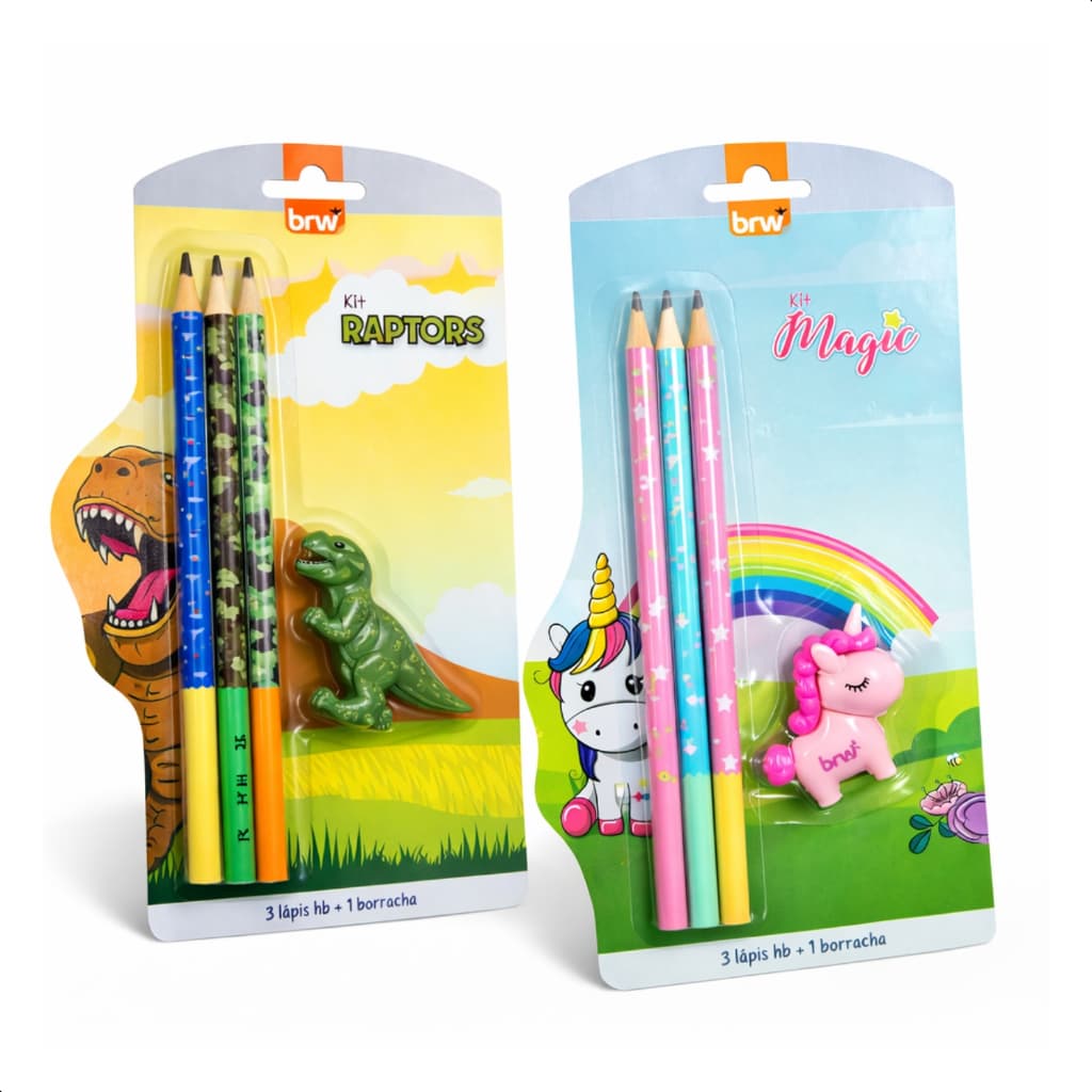 Kit Escolar Infantil Lápis Macio + Borracha Tema Dinossauro e Unicórnio