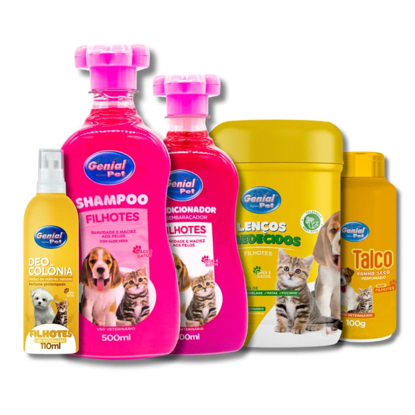 Kit Filhotes Shampoo, Condicionador, Talco, Lenço e Deo Colônia Cereja e Avelã para Cães e Gatos