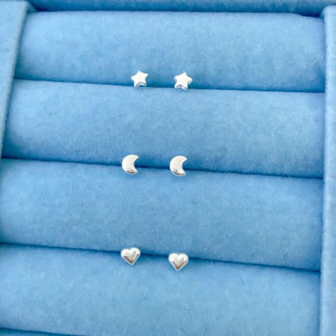 Trio de Brincos Céu - Lua Estrela Coração - Banhado a Prata - Conjunto Kit Delicado Minimalista