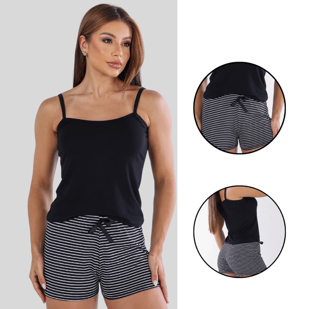Conjunto Pijama Feminino Baby Doll Luxo Composê Premium Para Dormir Preto Bege e Rosa