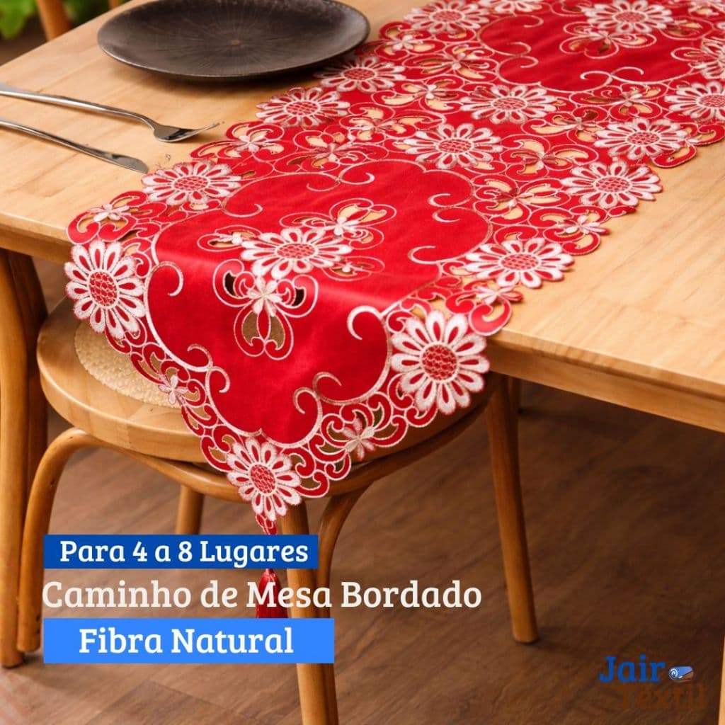 Caminho de Mesa Bordado com Renda para 4 a 8 Lugares
