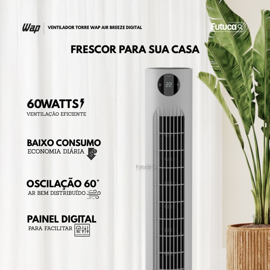 Ventilador Torre WAP AIR BREEZE 3 Velocidades, Oscilação De 60°, Motor Silencioso Alça de Transporte