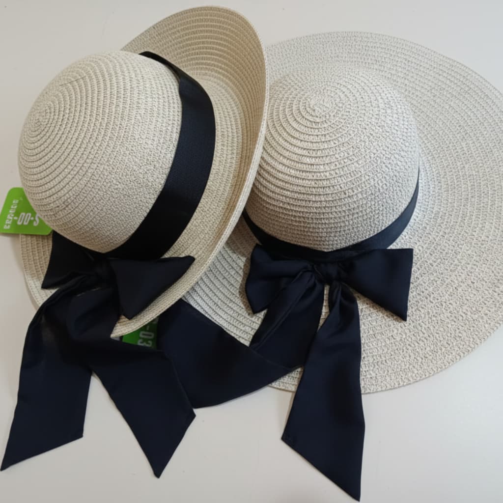 Kit Chapéu De Praia Tal Mãe Tal Filha Palha Sintética Bege E Laço De Tecido Preto Resort Passeio Blogueira
