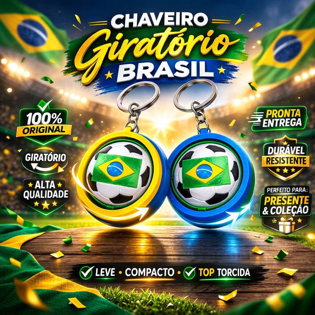 Chaveiro Giratório Brasil Copa do Mundo 2026 | Anti Estresse Futebol | Presente Torcedor