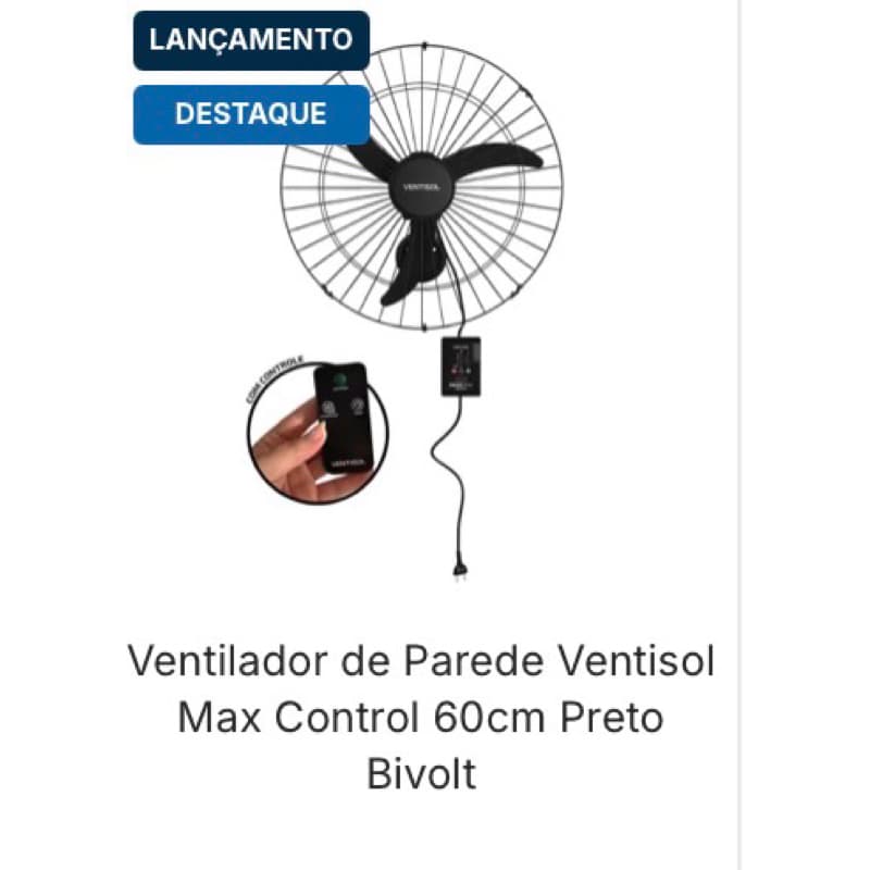 Ventilador de Parede Ventisol Max c/Controle renoto 60cm Preto Bivolt motor 200w