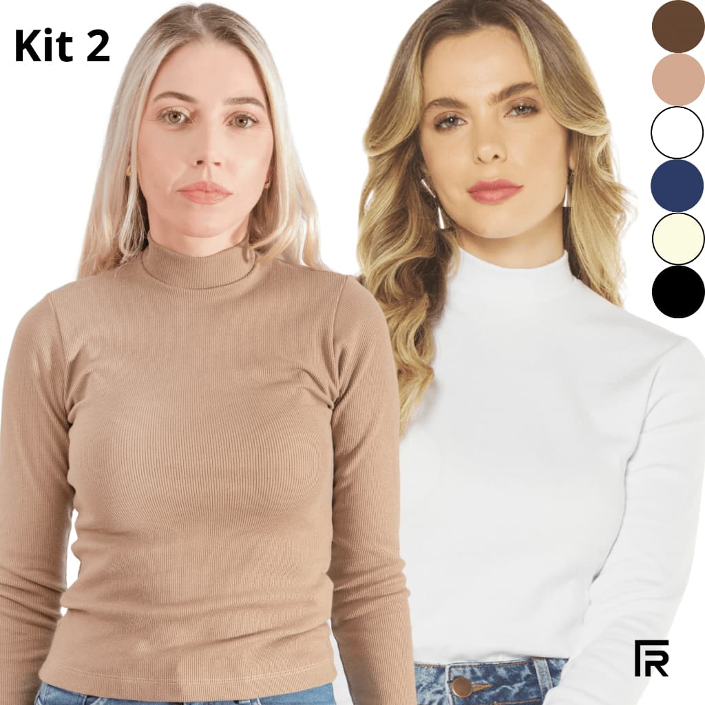 Kit 2 Blusa Manga Longa Gola Alta Canelada Feminina Básica 505245-K2