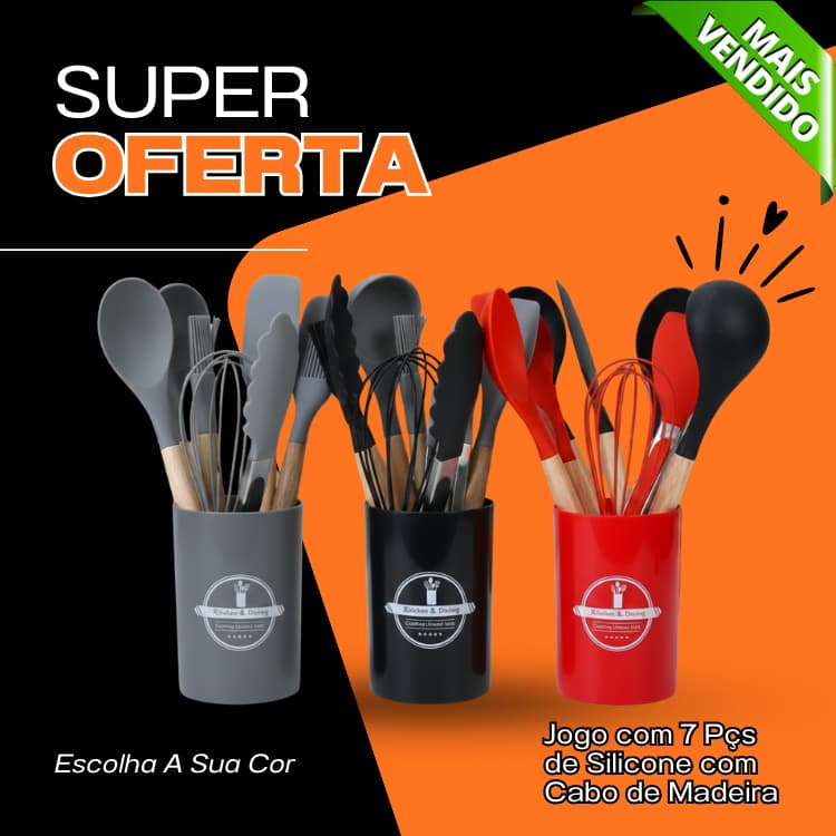 Jogo 7 Peças Utensílios Silicone Cabo Madeira Premium Cozinha