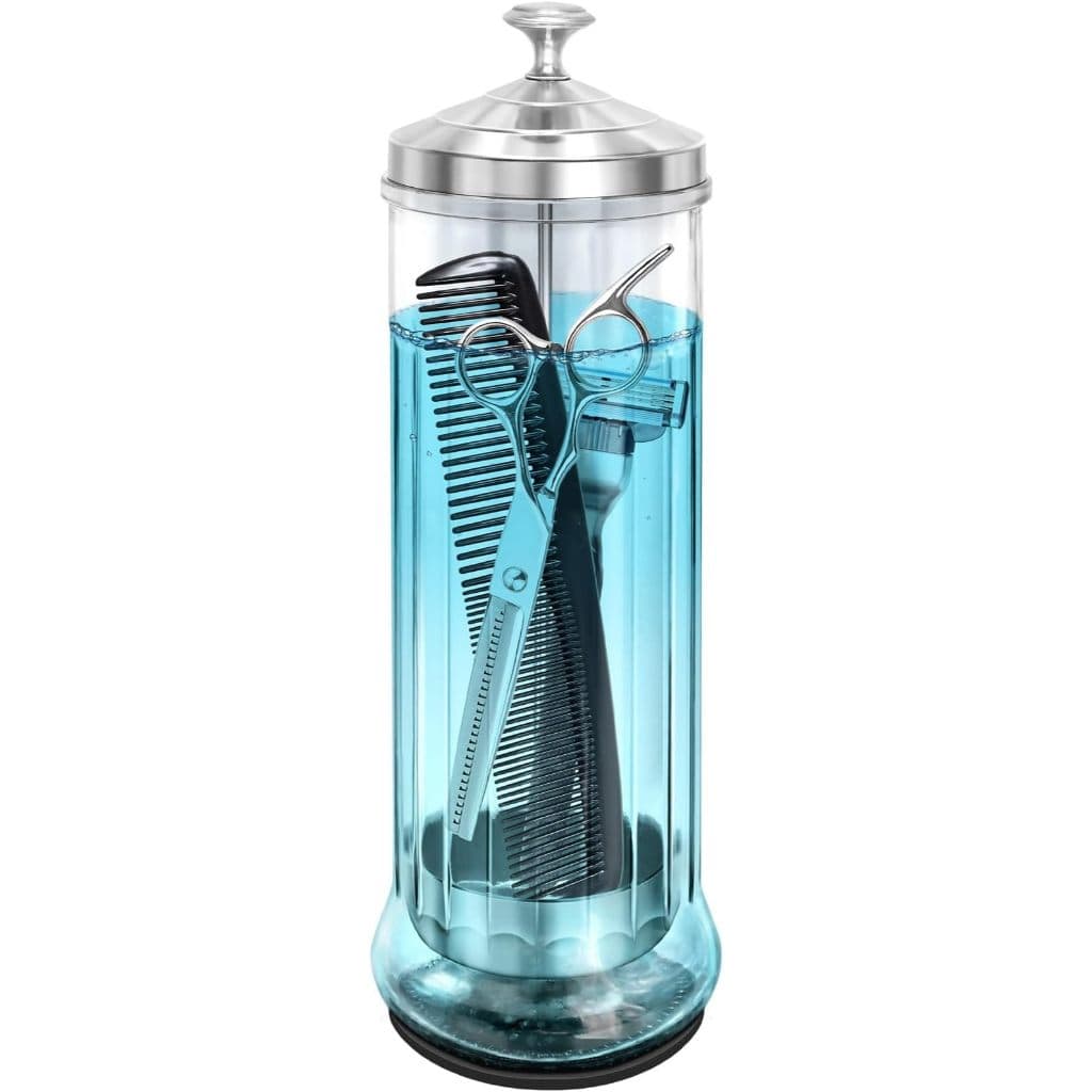 Frasco de Desinfecção Vidro com Cesta Aço Inox – Ideal para Barbearia, Salão e Cozinha