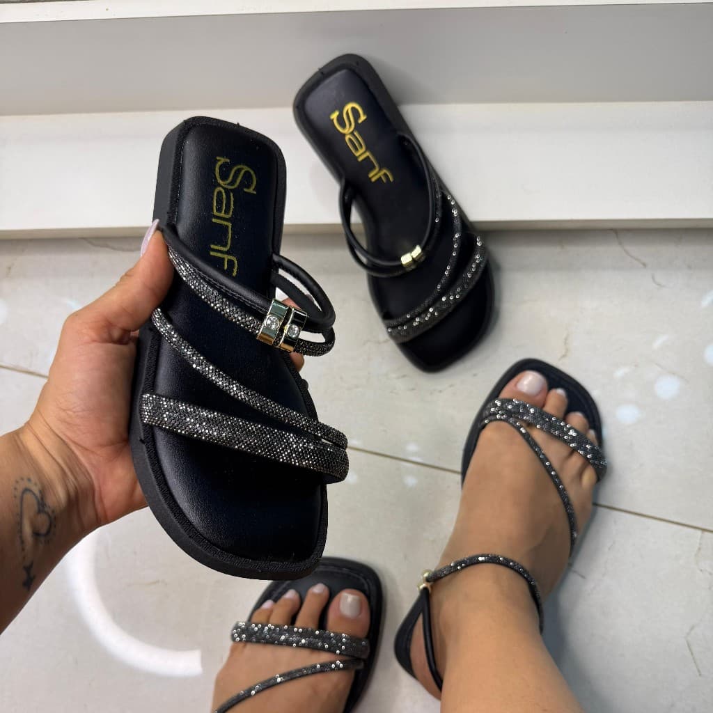 Papete Sanf Flat Confortável Macia Brilho Strass Elegante Pedraria Rasteira Sandália Feminino Casual