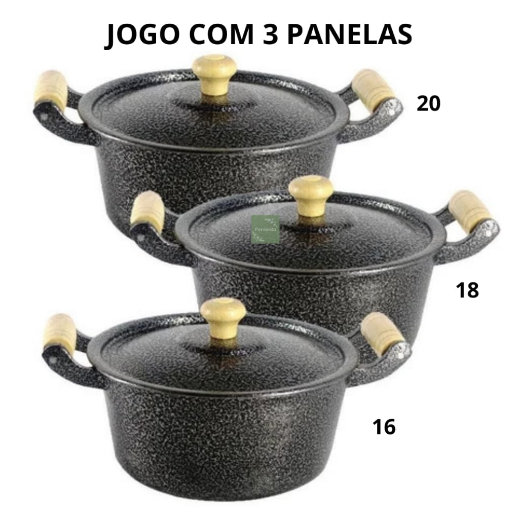 Jogo 3 Panelas Pretas Caçarolas de Alumínio Batido Grosso Fundido Tamanhos 16, 18 e 20 Craqueadas
