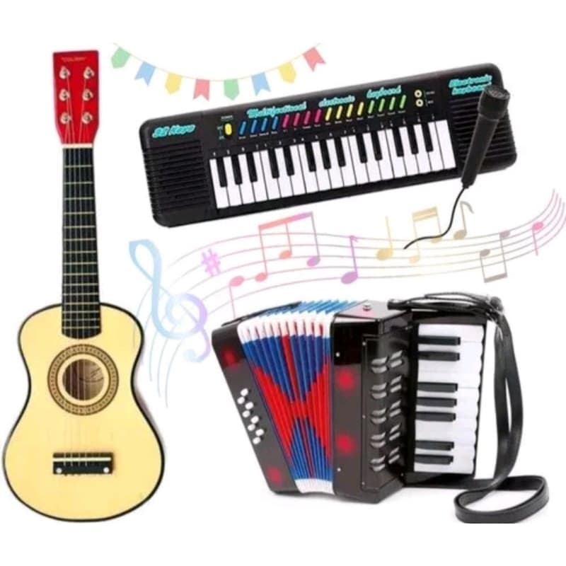 Kit Musical Infantil Sanfona 8 Baixos + Violão+ Pianoteclado