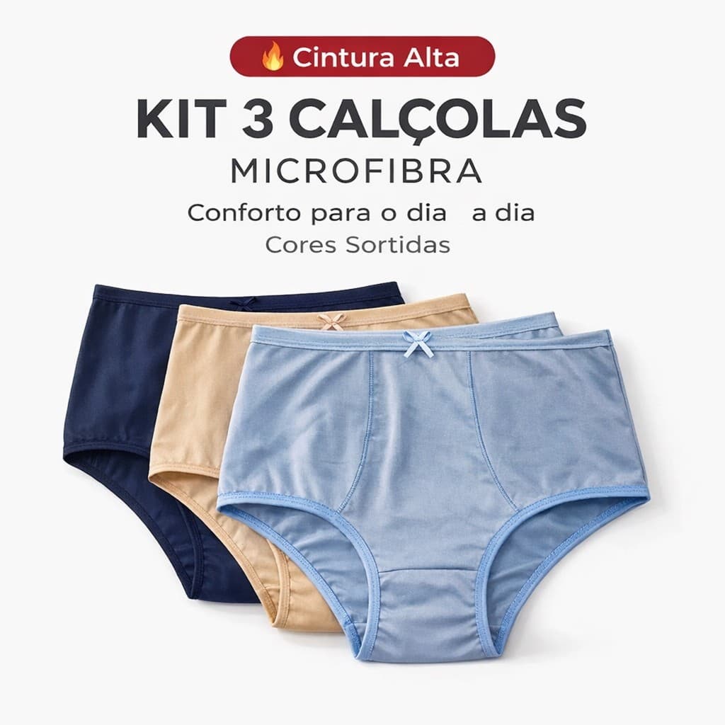 Kit 3 Calçolas Cintura Alta Microfibra Confortável Cores Sortidas