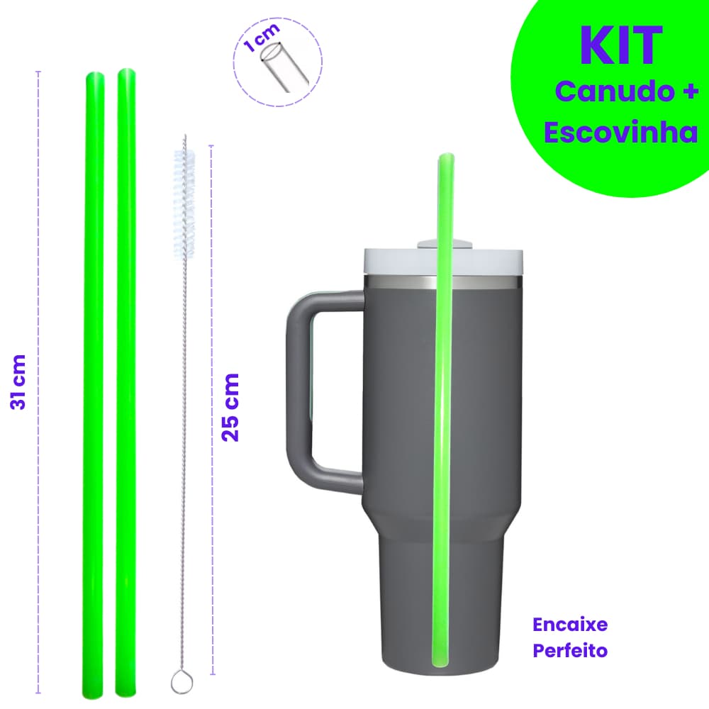 Canudo Reposição 31cm Verde Neon Kit 2Un + Escova Limpeza Ideal Para Garrafa Térmica Quencher 1,2L