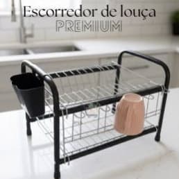 Escorredor de Louça Duplo Preto Reforçado 2 Andares Porta Talheres E Grades Removíveis Parafusado