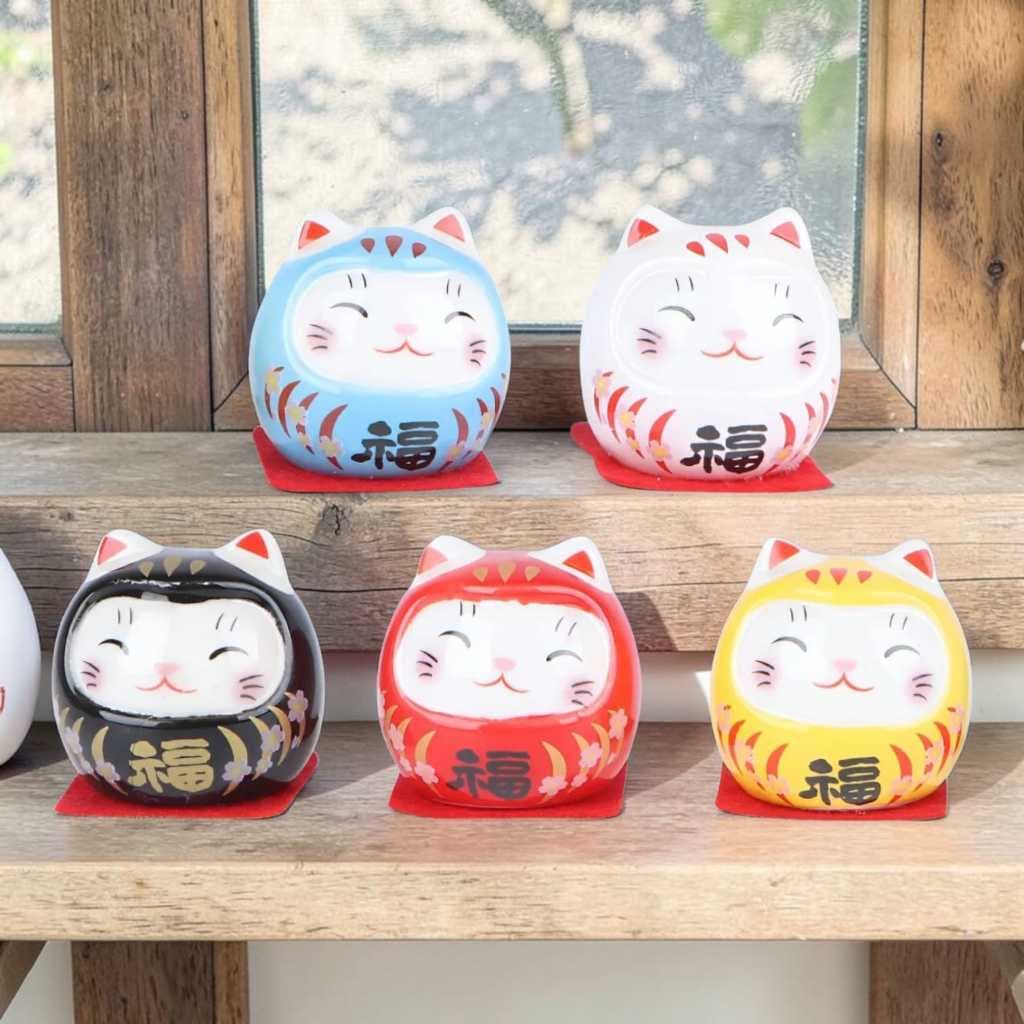 Kit 5 Gatos Daruma Cerâmica Amuleto da Sorte Prosperidade Decoração Oriental