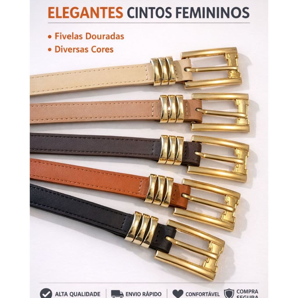 Cinto Feminino Fino com Fivela Dourada Kit 1 2 ou 3 Unidades Elegante Diversas Cores