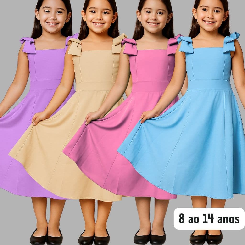 Vestido Juvenil  Infantil menina Com Laço Midi Moda Evangélica (8,10, 12, 14 ) vestido mocinha