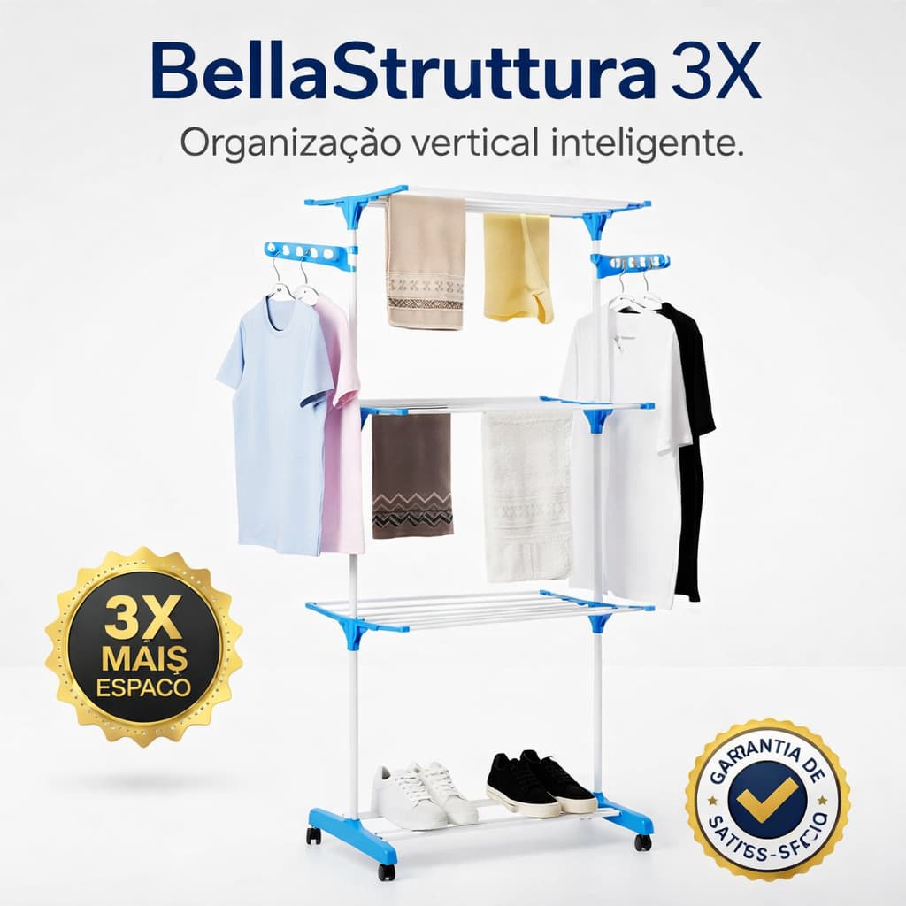 Varal Dobrável Multifuncional Chão Triplo 3 Níveis Cabideiro Bandejas Branco Organizador