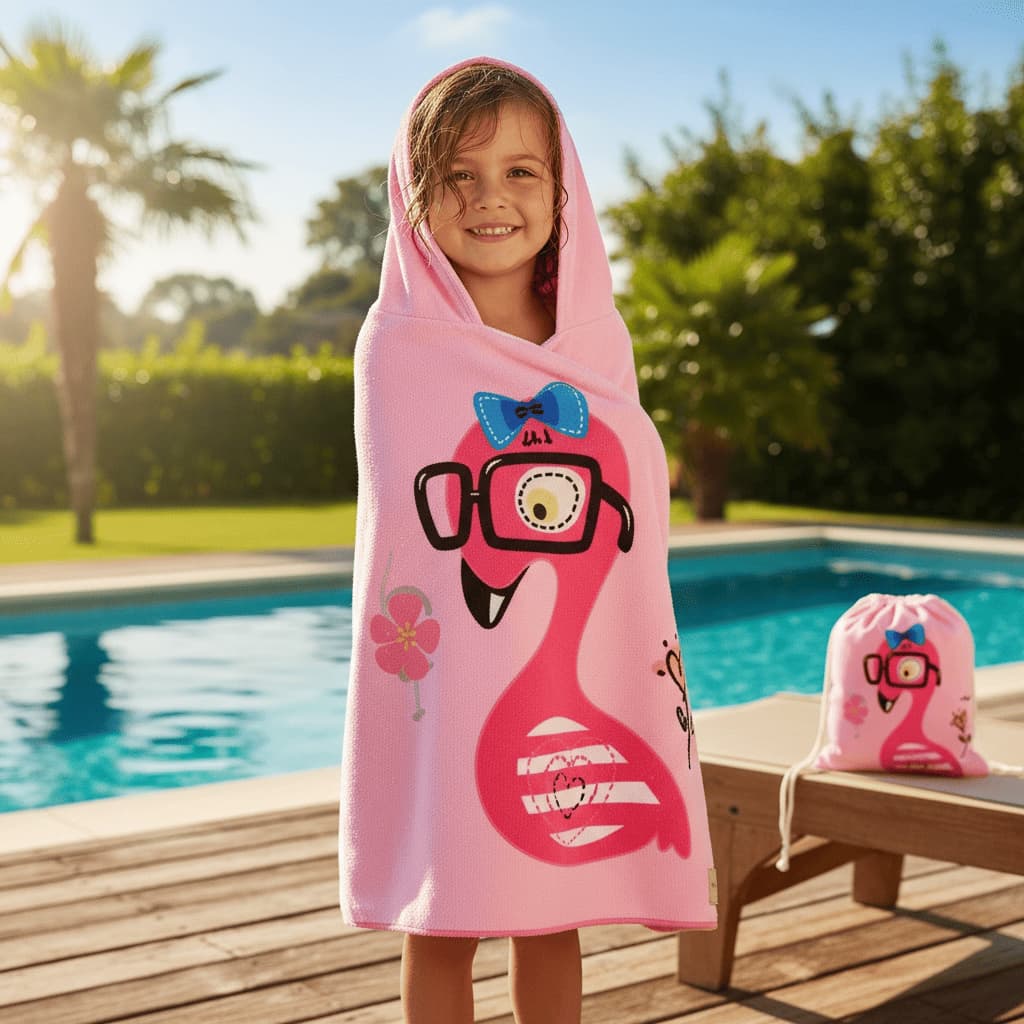 Toalha de Praia Infantil com Capuz Poncho Mochila Tuquinha Flamingo Microfibra 60x120cm