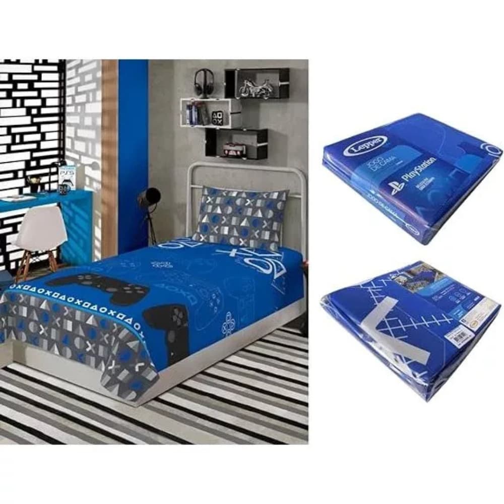Jogo De Cama Playstation® Solteiro 2 Peças (Azul Escuro e Preto) Lepper