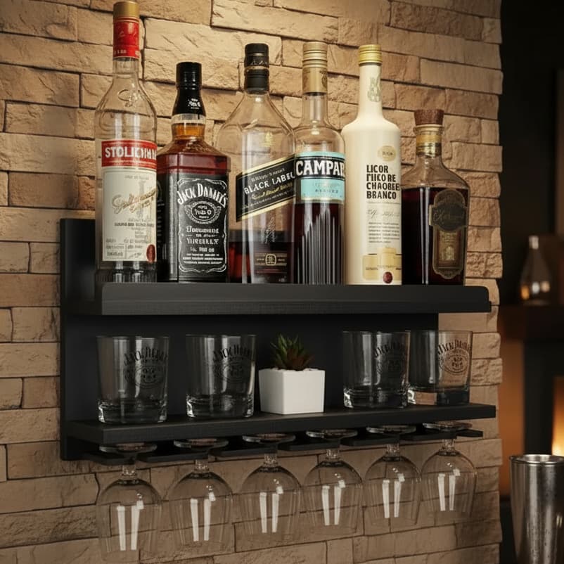 Barzinho De Parede Bar Com Porta Copos E Porta Taças Cor Preto Decoração Casa e Área de Festa