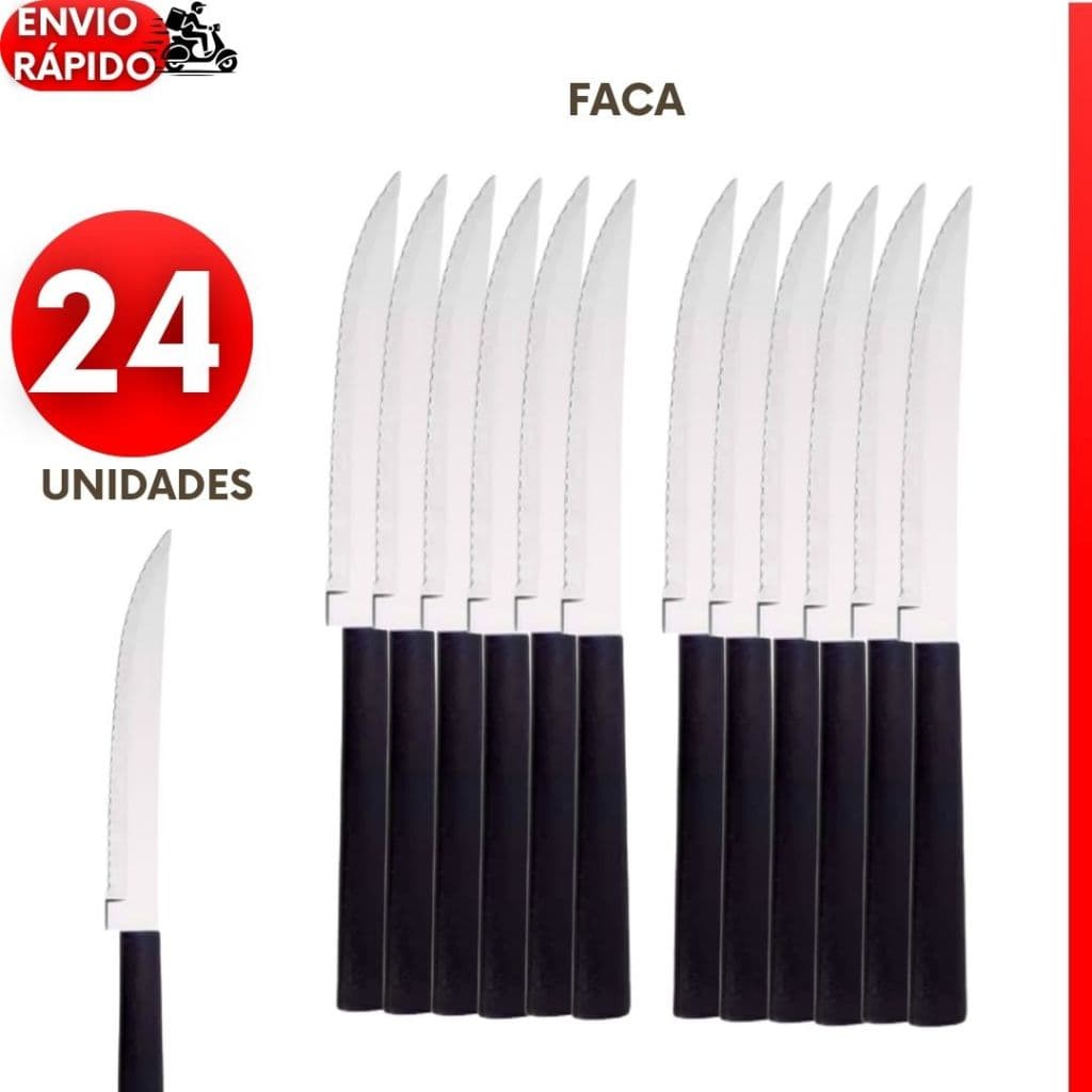 KIT 24, 18 ou 12 Facas em Aço Inox com Cabo Preto Ideal para Churrascos ou Demais Refeições