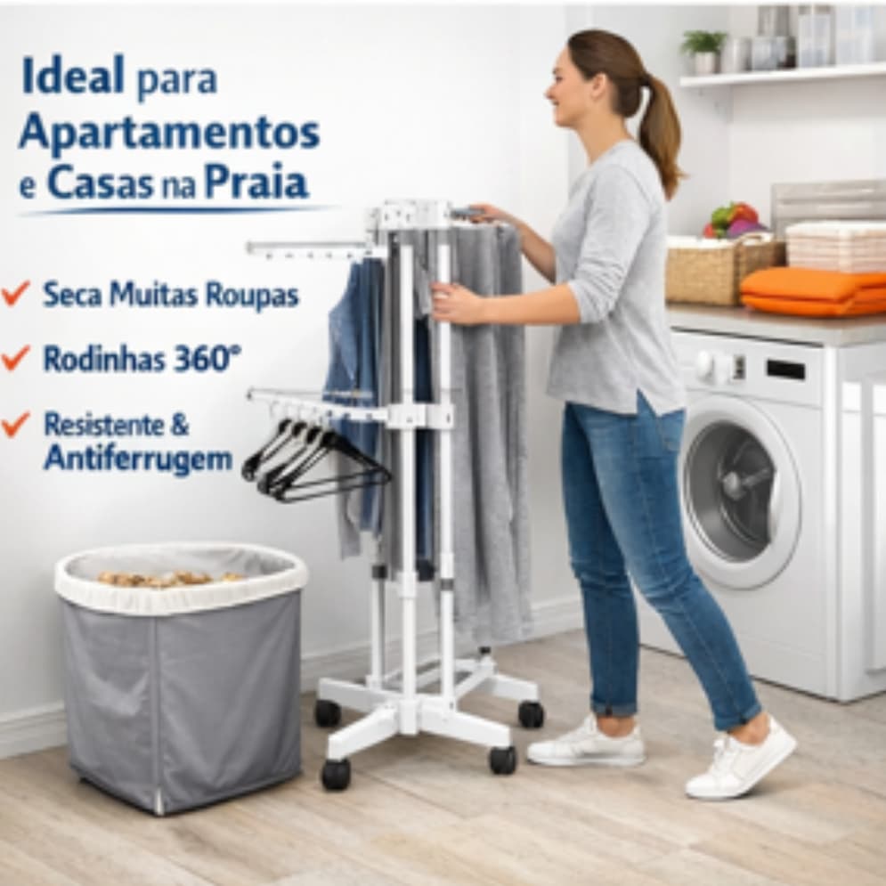 Varal de Chão 3 Andares com Abas para Cabides e Rodinhas Reforçado Suporta até 48 kg