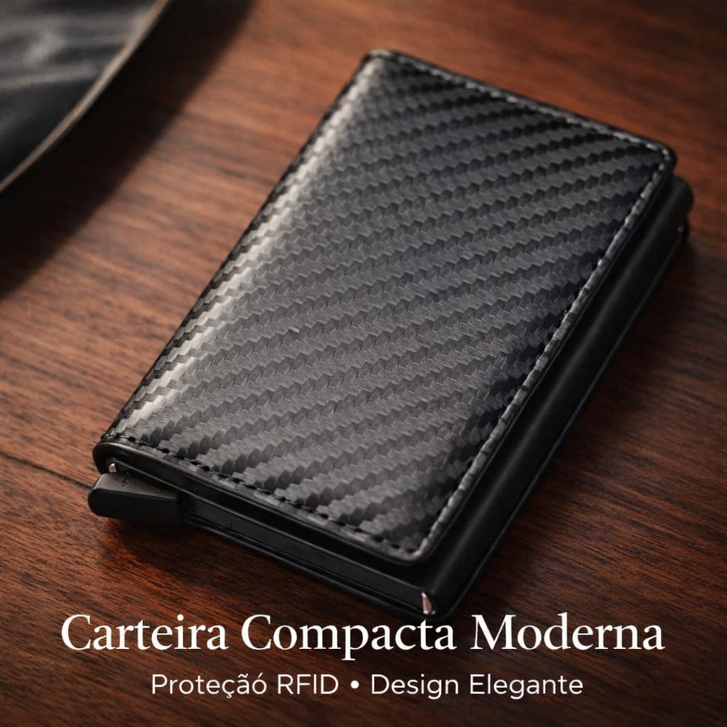 Carteira Fibra De Carbono Anti Furto Porta-Cartões Masculina Slim Preta Anti Clonagem RFID Segura.
