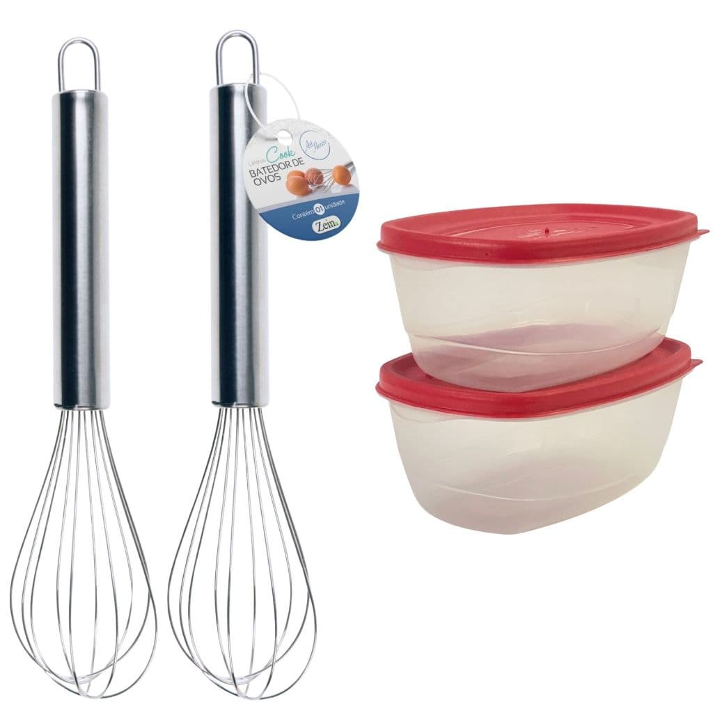 Kit 2 Potes C/Alças Tampa Plástico 400ml + Kit 2 Bate Claras Inox