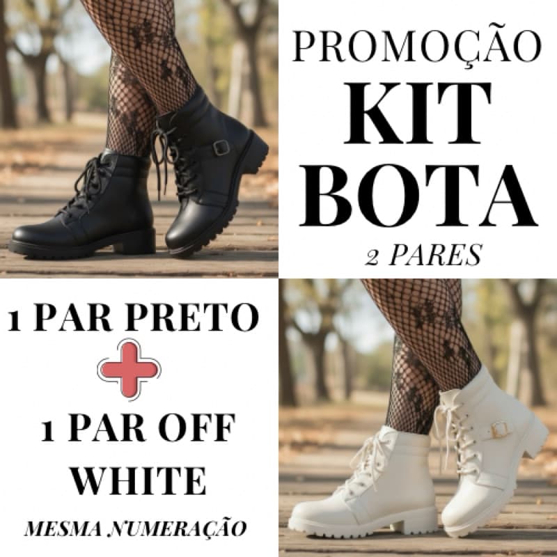 Kit 2 Pares Bota Feminina Cano Curto Coturno Moda 2025 – Confortável e Estilosa Preto e Off White