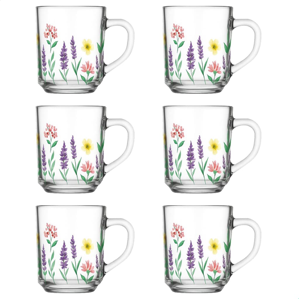 Kit Jogo De Xicara Caneca De Vidro Decorado De 230ml Jardim Flores Lavanda