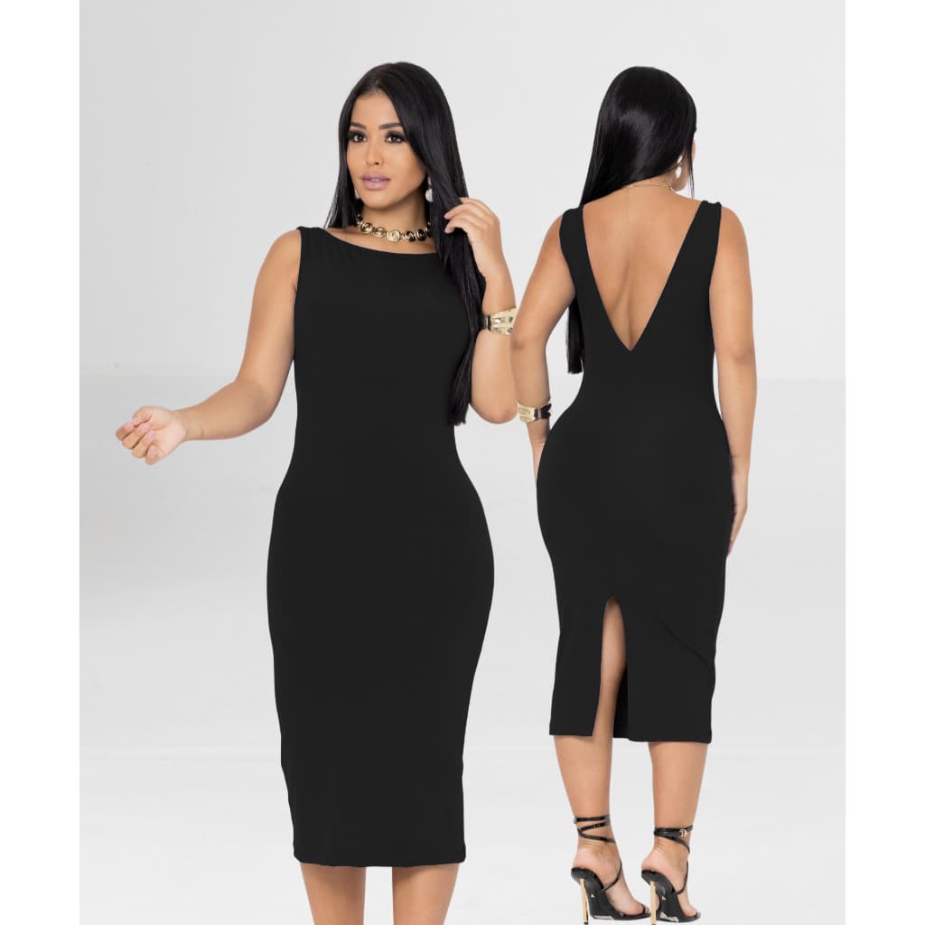 Vestido Midi Canelado Feminino Decote V nas Costas Tamanho Único Casual