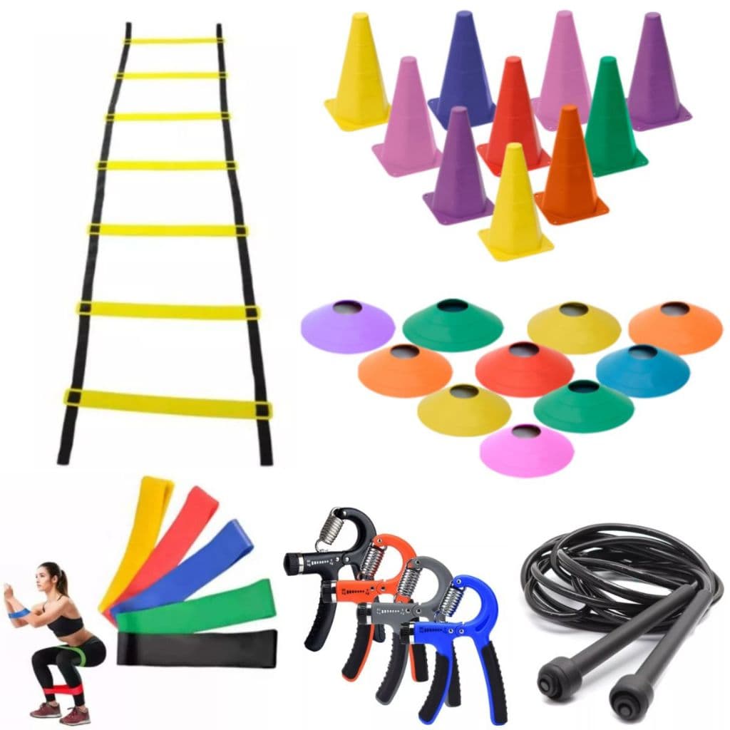 Kit Agilidade Treino Funcional Futebol Escada 7 Degraus + 10 Cones + 10 Chapéu Chinês + Mini Bands + Corda + Hand Grip