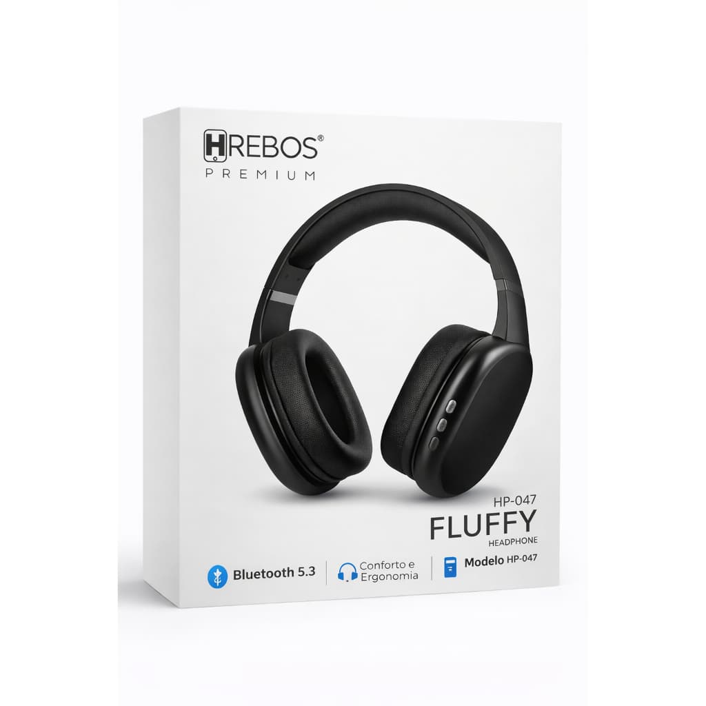 Fone de Ouvido Bluetooth Hrebos Premium HP-047 Fluffy Sem Fio Headphone Preto