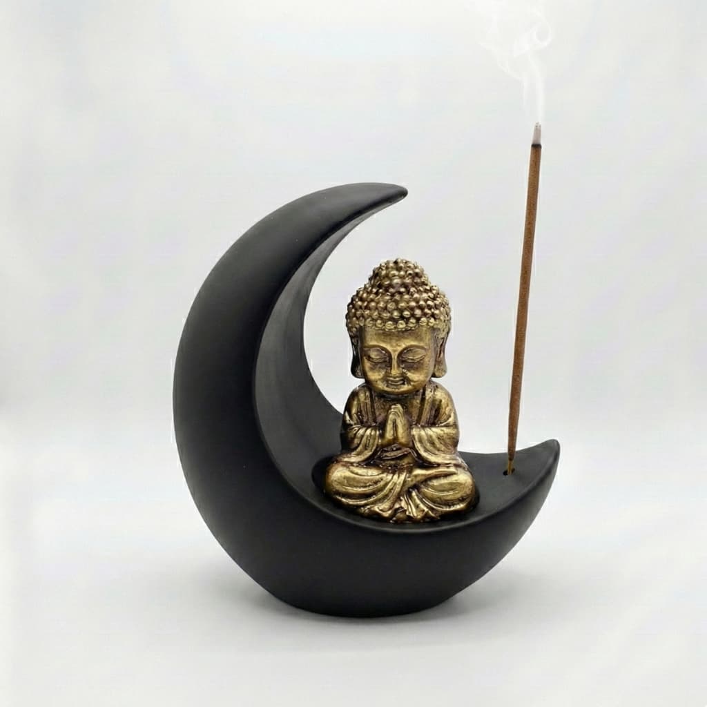 Incensário Lua Mística com Buda Rezando em Resina - 12cm Decoração Zen para Meditação Yoga e Altar