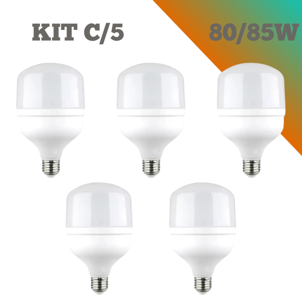 Kit 5x Lâmpadas LED Alta Potência 80W / 85W – Branco Frio 6500K – Soquete E27