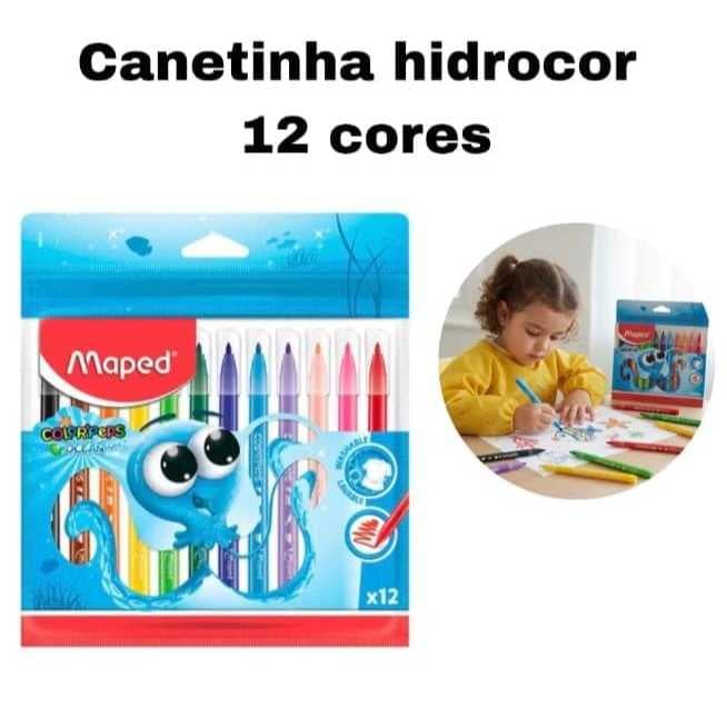 Canetinha Hidrográfica 12 Cores Maped Lavavel Para uso Escolar Pintura e Brincadeiras