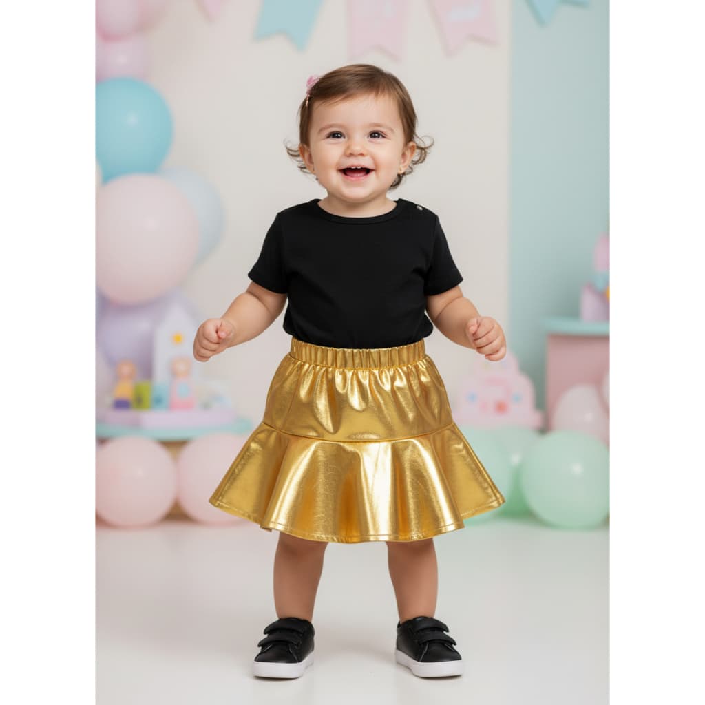 Saia Metalizada Dourada Infantil Menina – Look Fashion Blogueirinha Festa e Conforto