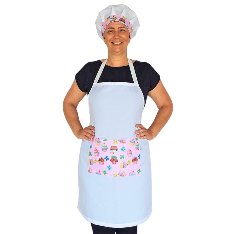 Kit avental e touca gorro de confeitaria chapéu de chef Bolo Rosa