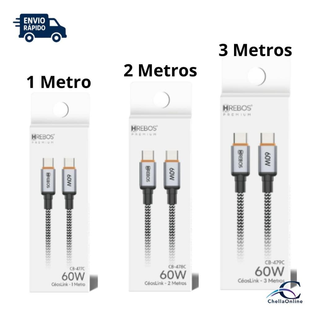 Cabo Carregamento Rápido Tipo C para Tipo C Hrebos CeosLink 60W Trançado Premium 1, 2 ou 3 metros